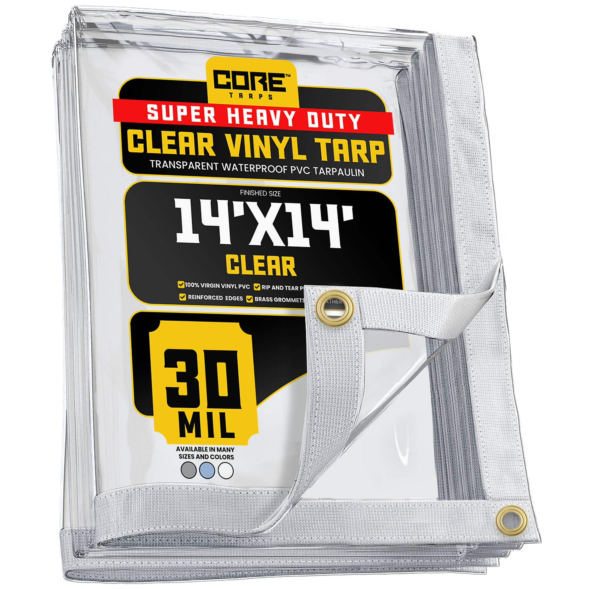Core Tarps Extreme Heavy Duty Vinyl Tarp — 14ft. x 14ft., 30 Mil, Waterproof PVC, Brass Grommets, Clear, Model# CT-201-14X14